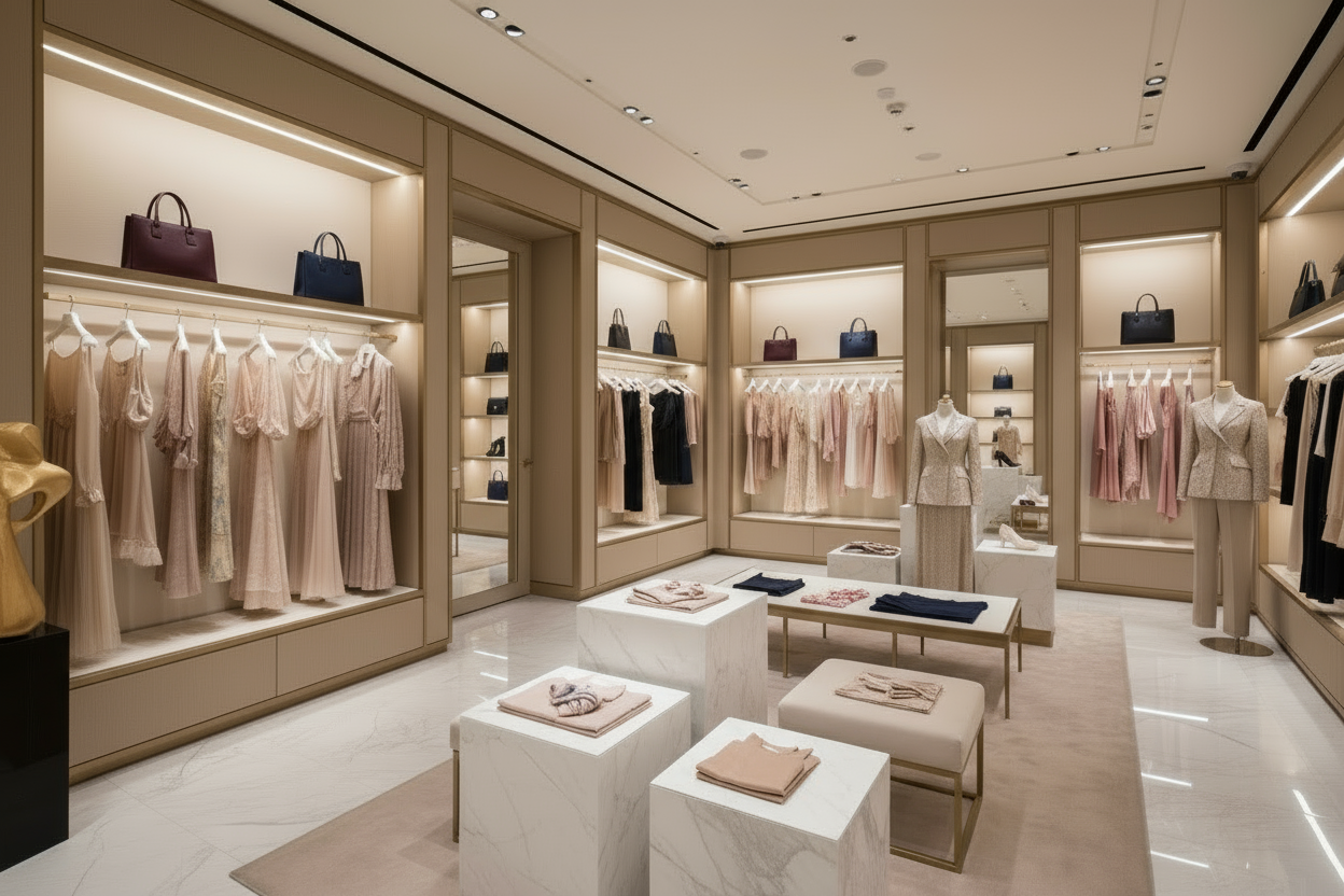 a selection of women elegant shoes and bags in a luxurius shop